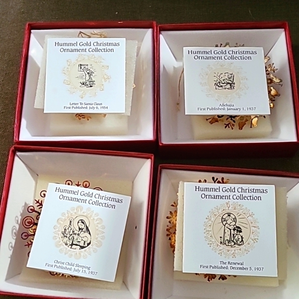 Vintage 1988 Hummel 24kt Gold finish Christmas ornaments collection Bundled 4